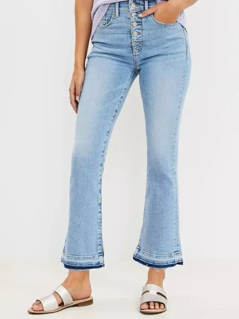 Loft High Rise Kick Crop Jeans Size 0/25P Vivid Light Let Down Hem Button Front - Picture 11 of 13